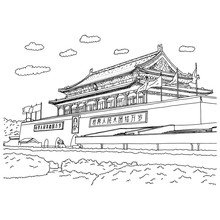 Gate Of Heavenly Peace Or Tian An Men In Tiananmen Square Beijing China Vector Illustration Sketch Doodle Hand Drawn With Black Lines Isolated On White Background
