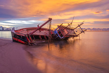 Old Shipwrecked On The Beach Shipwreck At Krating Beach, Pattaya, Thailand