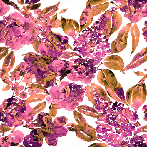 Watercolor seamless pattern with hand drawn flower. Vintage floral print. Bot...