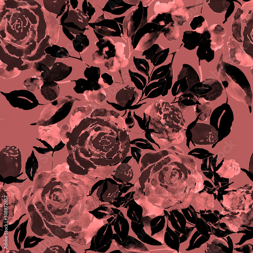 Watercolor seamless pattern with hand drawn flower. Vintage floral print. Bot...