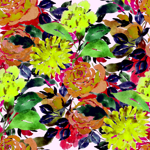 Watercolor seamless pattern with hand drawn flower. Vintage floral print. Bot...