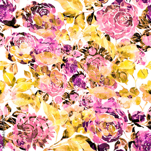 Watercolor seamless pattern with hand drawn flower. Vintage floral print. Bot...