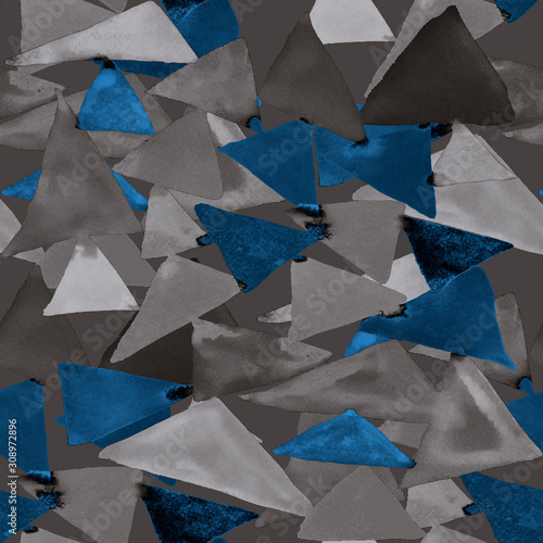 Watercolor seamless pattern with colorful triangles. Abstract geometric textu...