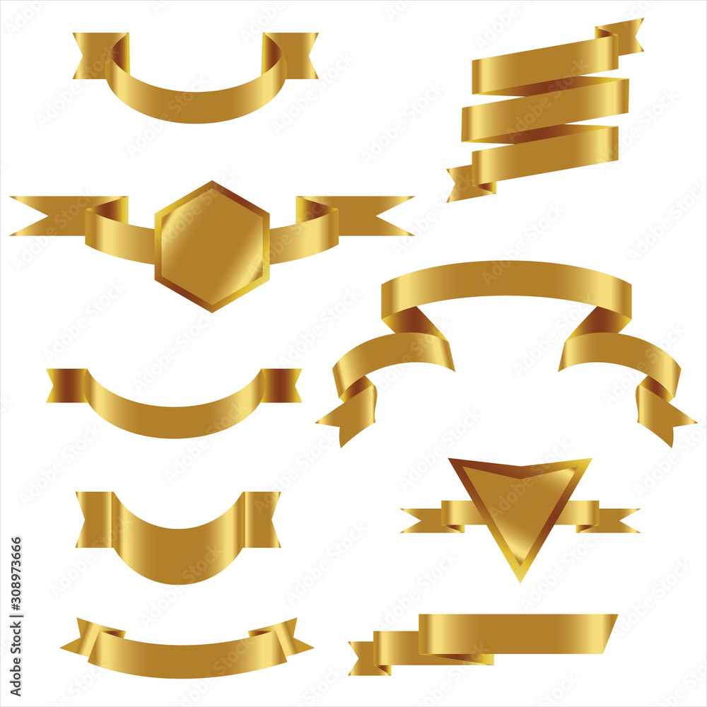 GOLD Ribbon Set In Isolated For Celebration And Winner Award Banner ...