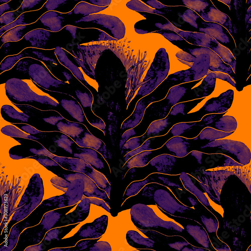 Watercolor seamless pattern with tropical leaves and flowers. Beautiful allov...