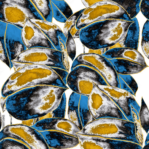 Watercolor seamless pattern with tropical leaves and flowers. Beautiful allov...