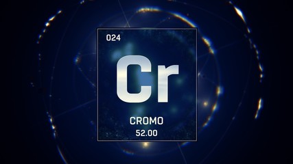 Wall Mural - 3D illustration of Chromium as Element 24 of the Periodic Table. Blue illuminated atom design background with orbiting electrons. Name, atomic weight, element number in Spanish language