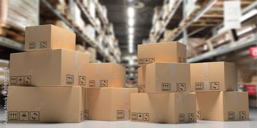 Cardboard boxes on blur storage warehouse shelves background. 3d illustration - obrazy, fototapety, plakaty 