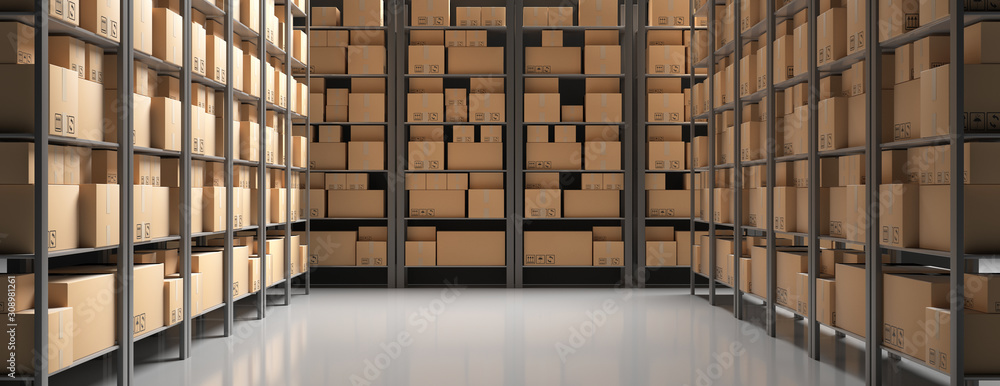 Cardboard boxes on storage warehouse shelves background. 3d illustration - obrazy, fototapety, plakaty 