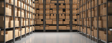 Cardboard Boxes On Storage Warehouse Shelves Background. 3d Illustration