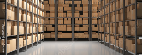 Cuadros en Lienzo Cardboard boxes on storage warehouse shelves background
