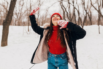 Poster - smiling woman having fun in winter park