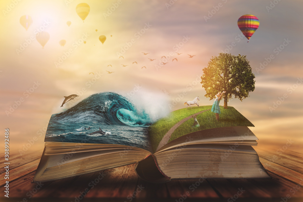 Concept of an open magic book; open pages with water and land and small child. Fantasy, nature or learning concept, with copy space - obrazy, fototapety, plakaty 