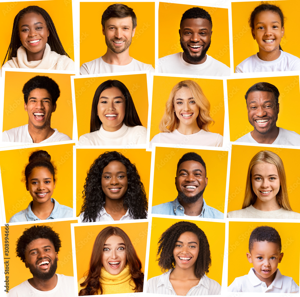 Collage of diverse multiethnic people smiling over yellow background - obrazy, fototapety, plakaty 