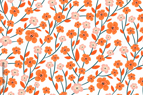 Beautiful floral print, rich orange and pastel flowers on a white background ...