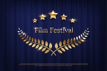 golden shiny award laurel wreath with stars and film festival text isolated on dark blue curtain bac
