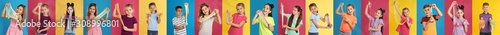 Fotomural Collage of children with different slimes on color backgrounds