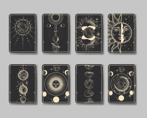 Vector illustration set of moon phases. Different stages of moonlight activity in vintage engraving style. Zodiac Signs