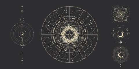 Vector illustration set of moon phases. Different stages of moonlight activity in vintage engraving style. Zodiac Signs