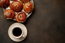 Coffee And A Lot Of Buns With Poppy Seeds On A Stone Background With Copy Space For Your Text