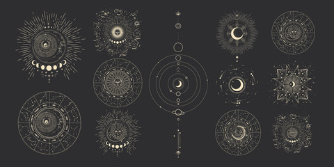 Wall Mural - vector illustration set of moon phases. different stages of moonlight activity in vintage engraving 