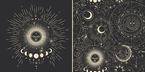 vector illustration set of moon phases. different stages of moonlight activity in vintage engraving 