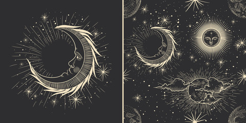 vector illustration set of moon phases. different stages of moonlight activity in vintage engraving 