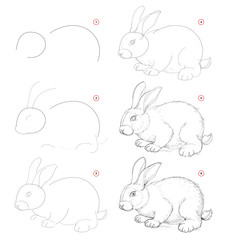 Wall Mural - how to draw from nature sketch of cute little rabbit. creation step by step pencil drawing. educatio