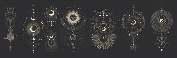 Wall Mural - Vector illustration set of moon phases. Different stages of moonlight activity in vintage engraving style. Zodiac Signs