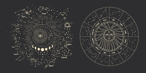 Vector illustration set of moon phases. Different stages of moonlight activity in vintage engraving style. Zodiac Signs