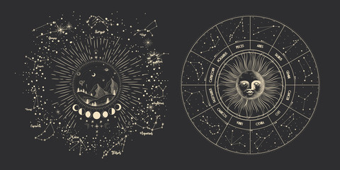 Wall Mural - vector illustration set of moon phases. different stages of moonlight activity in vintage engraving 