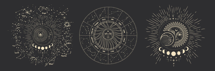 vector illustration set of moon phases. different stages of moonlight activity in vintage engraving 