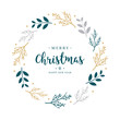 Merry Christmas greeting text branch wreath circle on white isolated background