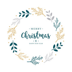 Wall Mural - merry christmas greeting text branch wreath circle on white isolated background