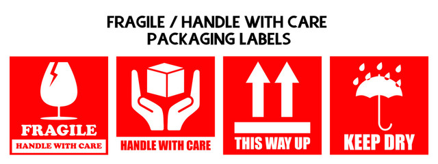 Fragile or Package Label stickers set. (Fragile, Handle with Care, This Way Up, Keep Dry). Red and White color set. Square format.