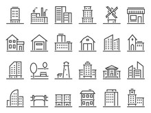 Line Buildings Icons. City Building, Hotel And Store Icon. Warehouse, Industrial Building And Church. Line Architecture Buildings, Apartment Silhouette. Isolated Vector Icons Set