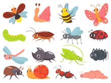 Cartoon Bugs. Baby Insect, Funny Happy Bug And Cute Ladybug. Insects Mascots, Different Bugs Characters Warm, Comic Snail And Butterfly. Isolated Vector Icons Set