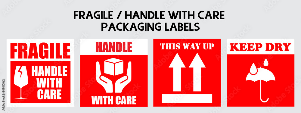 Fragile or Package Label stickers set. (Fragile, Handle with Care, This Way Up, Keep Dry). Red and White color set. Square format. - obrazy, fototapety, plakaty 