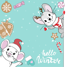 Template Card With Cute Funny Rat Mouse On A Blue Snowy Background And The Inscription Hello Winter. Symbol Of 2020