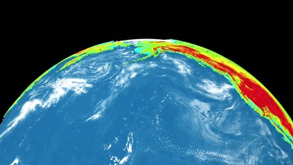 Wall Mural - Rotating Earth planet isolated on black background. Topographic relief, elevation mountain map. Seamless looping animation.
