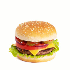 Wall Mural - Tasty burger with cheese isolated on white background