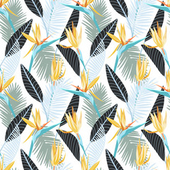 Wall Mural -  Bird of paradise flower, strelitzia tropical seamless pattern with palm tree