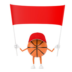 Leinwandbilder - Cute Cartoon Toy Basketball Ball Sports Mascot Person Character with Empty Red Blank Banner with Free Space for Your Design. 3d Rendering
