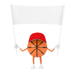 Leinwandbilder - Cute Cartoon Toy Basketball Ball Sports Mascot Person Character with Empty White Blank Banner with Free Space for Your Design. 3d Rendering