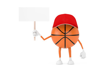 Leinwandbilder - Cute Cartoon Toy Basketball Ball Sports Mascot Person Character with Empty White Blank Banner with Free Space for Your Design. 3d Rendering