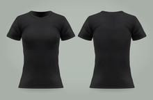 Isolated Black T Shirt For Woman, Front, Back View