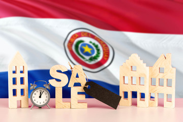 Paraguay real estate sale concept. Wooden house model with discount tag on national flag background. Copy space for text.