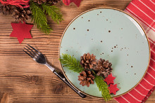 Empty Plate With Christmas Decorations.