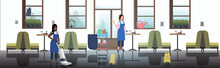 Couple Cleaners Using Rag And Vacuum Cleaner Mix Race Female Janitors In Uniform Cleaning Service Concept Modern Cafe Interior Horizontal Full Length Sketch Vector Illustration