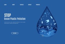 Web Page Stop Ocean Plastic Pollution Banner Design Template In Paper Cut Style. Underwater View Through The Water Drop Silhouette. World Water Day Website Concept Seabed Reef And Fish In Waves Vector